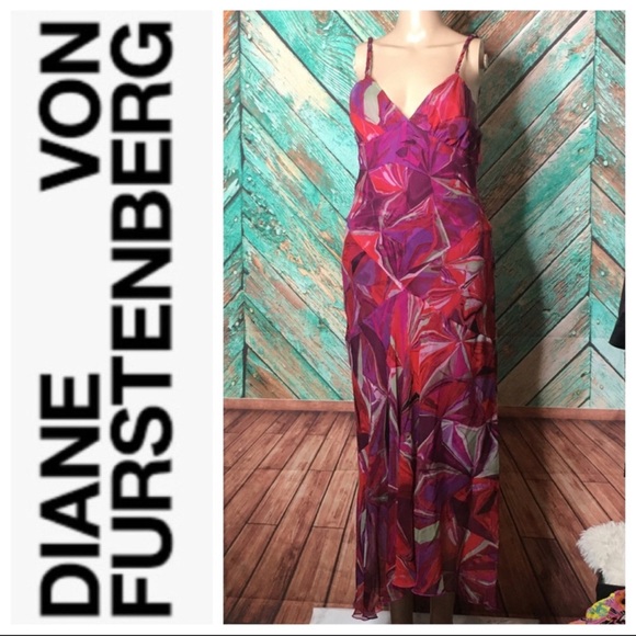 Diane Von Furstenberg Fuchsia Geometric Silk Slip Dress | Size 8 - Picture 3 of 5